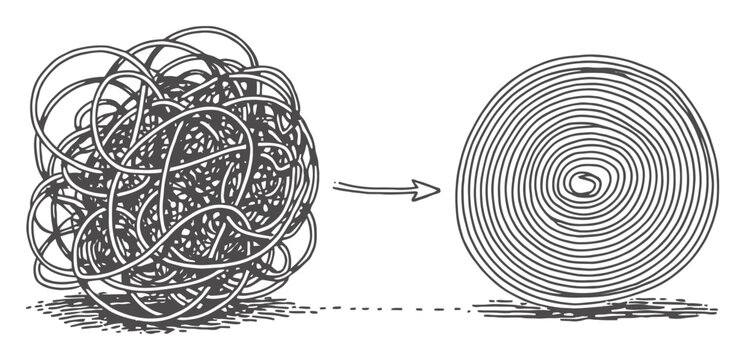 A conceptual showing a tangled mess of lines being organized into a neat, orderly spiral shape