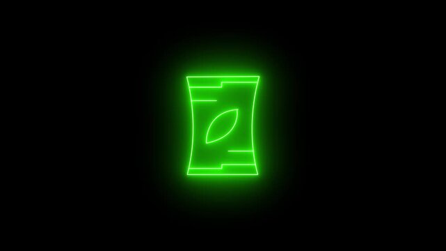 Isolated neon green glowing snack bag icon on black background; animation of a packet of chips or food packaging symbol in modern neon style.