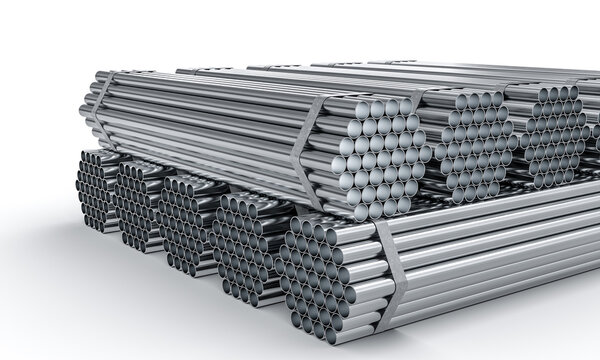 Stainless steel pipes stacked in bundles 3d