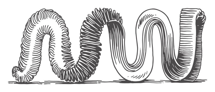 A vintage-style black and white line of a flexible, ribbed, and coiled industrial hose or spring