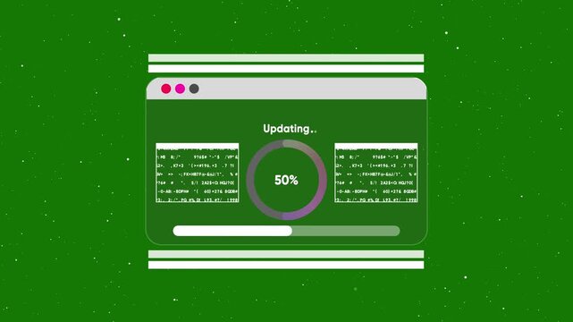Software update progress bar with data processing animation on green screen