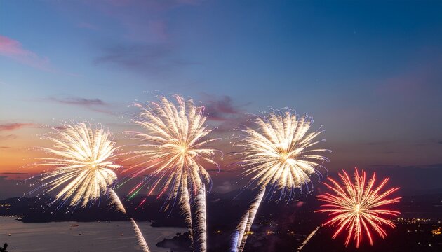 Patriotic fireworks over lake at sunset for July 4 celebration