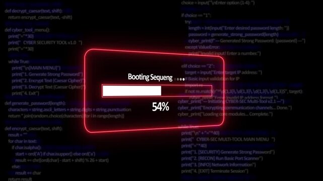 Teal booting sequence Progress Bar on a Background of Computer Code loading programming. 4K Futuristic Loading Interface Loop