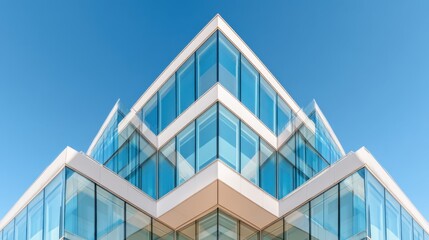 Obraz premium A clean, modern architectural photograph of a high tech office building with massive glass panels, viewed from a slightly low angle, set against