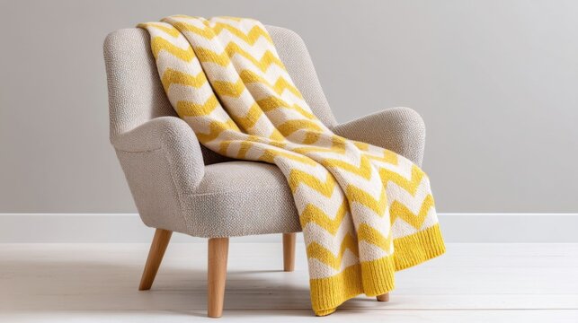 A classic Scandi lounge chair upholstered in a thick woven fabric with a large scale charcoal and cream chevron pattern, a yellow knitted throw over