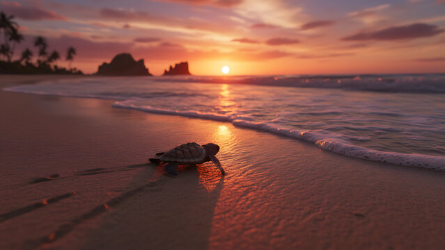 Newborn sea turtle hatchling crawling across sandy coastal shore towards the ocean horizon during a vibrant golden hour sunset evening twilight.