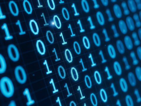 Binary code matrix visualization on a digital backdrop
