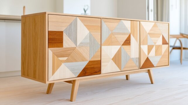 Close up of a Scandinavian sideboard made of light oak, the cabinet doors feature an intricate geometric inlay pattern of triangles in shades of ash