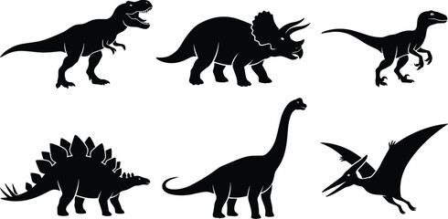 Fototapeta premium Dinosaur Silhouette Collection Featuring Tyrannosaurus Triceratops Velociraptor Stegosaurus Brachiosaurus and Pterodactyl Vector Illustration Set