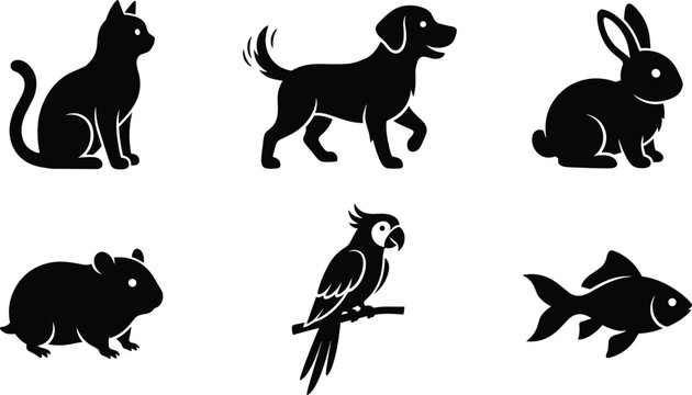 Pet Animal Silhouette Collection Featuring Cat Dog Rabbit Guinea Pig Parrot and Goldfish Vector Illustration Set