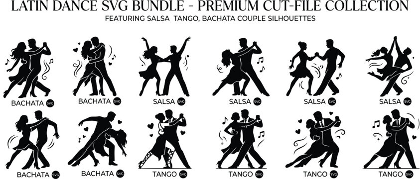Latin dance couple silhouettes a collection of black vector graphics for crafting and design bachata salsa tango couples illustration cut files svg black and white monochrome design elements dancing