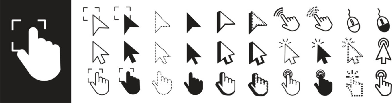 Flat cursor icon set featuring computer mouse pointers. Click cursor set icon, arrow and hand pointer, Click cursor set icon, arrow and hand pointer, computer cursor mouse. 

