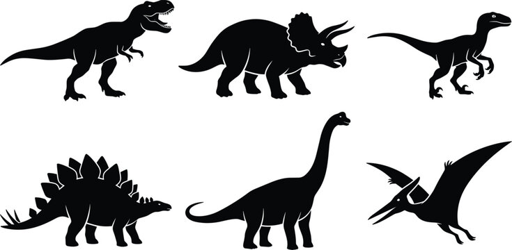 Dinosaur Silhouette Collection Featuring Tyrannosaurus Triceratops Velociraptor Stegosaurus Brachiosaurus and Pterodactyl Vector Illustration Set