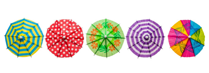 Top view of five cocktail umbrellas isolated on transparent background. © NikonLamp