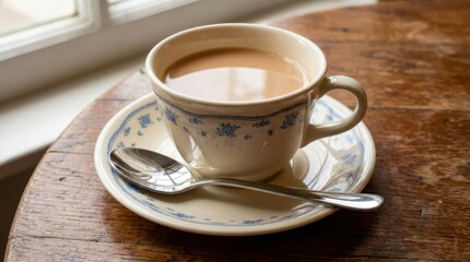 Obraz premium A beautifully presented cup of tea with milk, resting on a saucer with a spoon, on a wooden surface.
