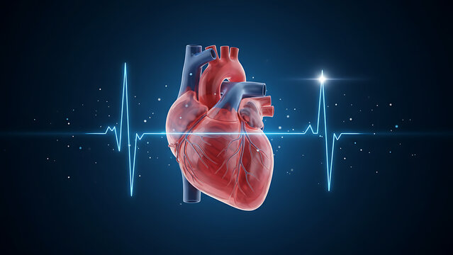 Anatomical 3D model of a human heart organ featuring a pulsing cardiac pulse trace and glowing electrocardiogram line isolated on a professional blue medicine background