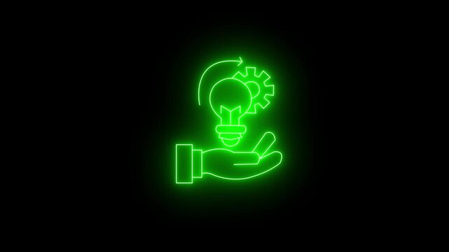 Neon light icon of a hand holding a light bulb with a gear symbol, representing innovation, creative process, and technical problem solving, glowing green on a black background.