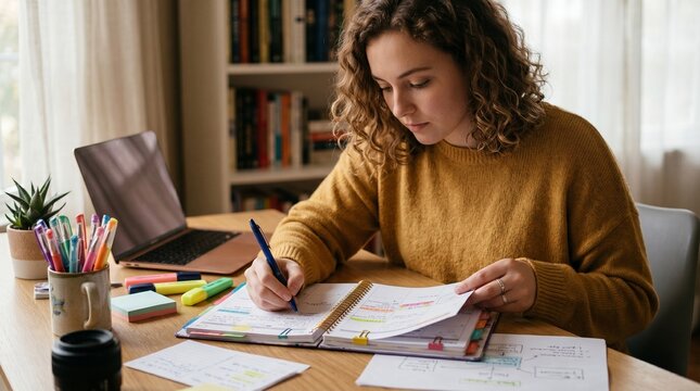 Young woman diligently organizing notes and planning tasks in her planner