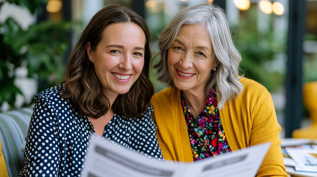 Adult daughter presenting printed inheritance options &mdash; trust versus lump sum &mdash; to an aging parent at an assisted living facility lounge, brochures and legal summaries spread on a side table, summer