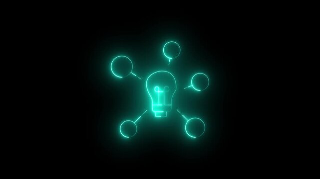 Glowing red neon lightbulb connected to a black background with circles. Futuristic digital network and idea concept. Unity lightbulb.