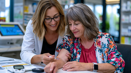 Fototapeta premium Certified diabetes educator pharmacist counseling middle-aged woman on insulin injection technique beside point-of-care A1C testing station, glucometer demonstration kit open, glucose log booklet an