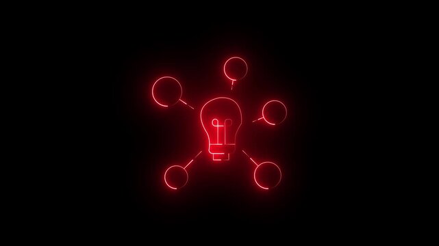 Glowing red neon lightbulb connected to a black background with circles. Futuristic digital network and idea concept. Unity lightbulb.