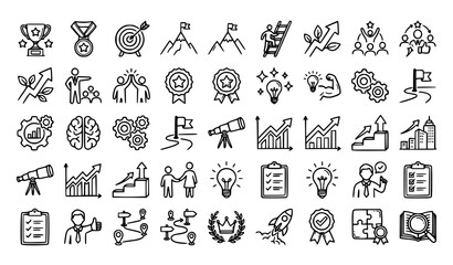 Fototapeta premium Doodle career icon set with success winner business goals challenge and professional growth symbols