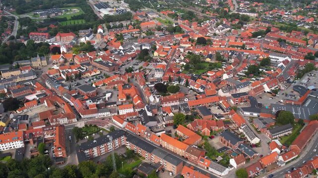 A panorama aerial view of the city Varde in Denmark on a cloudy noon in summer.