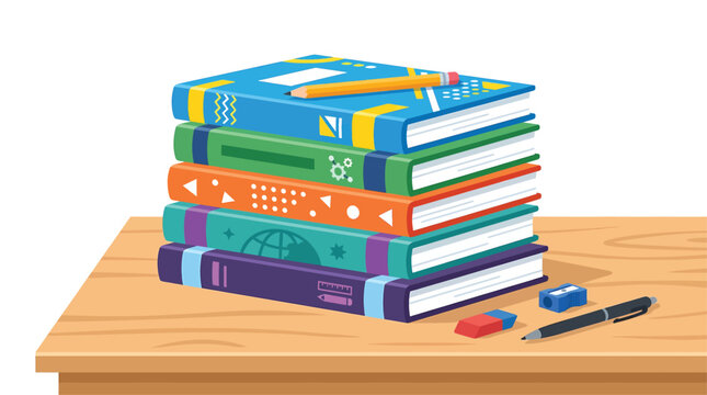 Vibrant stack of academic books with essential school supplies like pencils and erasers neatly presented on a light wooden desk, ready for learning and intellectual growth