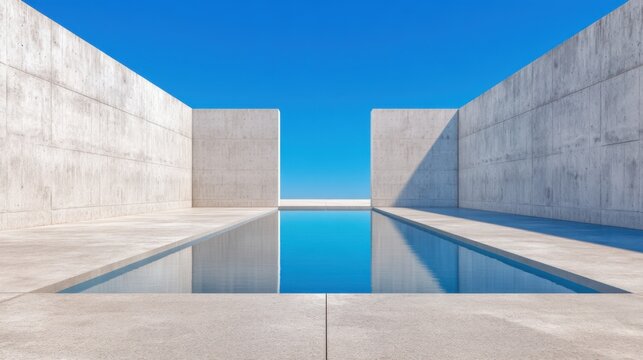 Radical minimalist architecture, a perfect square pool of still water in a grey concrete courtyard, the water acts as a mirror for the blue sky