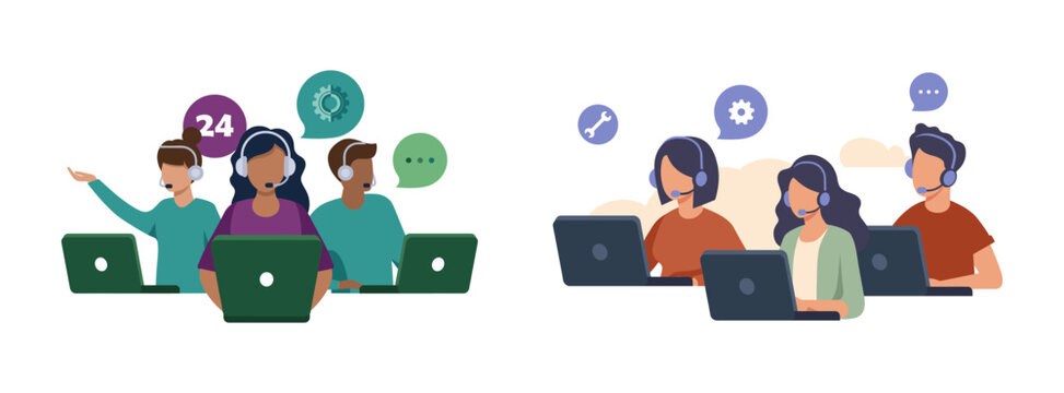 Customer service and support team working on laptops with customer operator communication business assistance consultant technology professional employee corporate technical connection