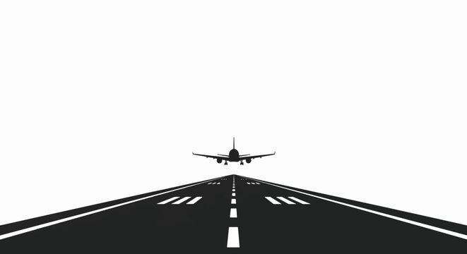 Silhouette of an airplane taking off on a runway with markings, against a white background, in a minimalist graphic style.