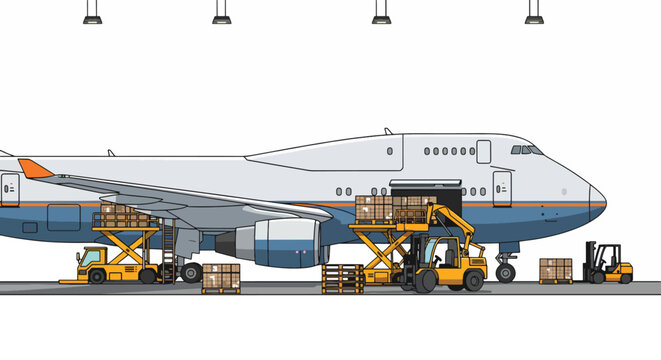 Illustration of a large airplane being loaded with cargo using forklifts on the tarmac in a hangar with industrial lighting.