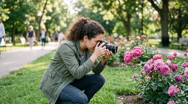 Woman photographing pink roses in a park on a sunny day