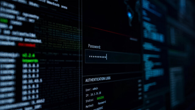 Cybersecurity login interface displaying password input field with success authentication logs on a dark digital screen