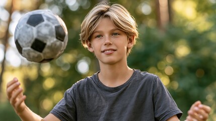 Naklejka premium Young boy smiles while tossing soccer ball
