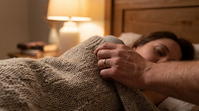 blanket sleeping care comfort love warmth bedtime protection home tenderness Contextual composition adds environment and practical meaning A hand tucks a knitted blanket around a sleeping loved one