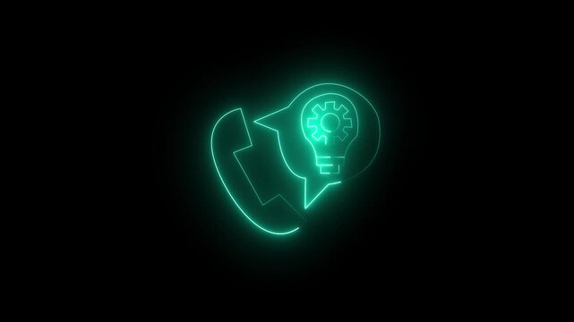 Technical customer support icon with neon green phone and gear lightbulb speech bubble.