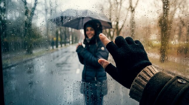 window separation hands rain connection longing support distance hope care Contextual composition adds environment and practical meaning A hand clears condensation from a cold window to reveal another