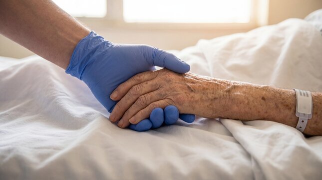 nurse patient elderly hands healthcare support hospital care compassion comfort Contextual composition adds environment and practical meaning A nurse wearing medical gloves holds an elderly patient