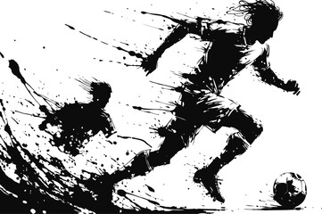 Naklejka premium Dynamic soccer player silhouette dribbling ball with splatter effect and motion strokes