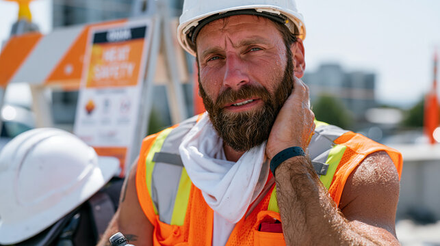 Sweat-soaked construction foreman pressing a cold water bottle to his neck on a rooftop jobsite, hard hat beside him, OSHA heat safety poster visible on a portable barricade, occupational health, ex