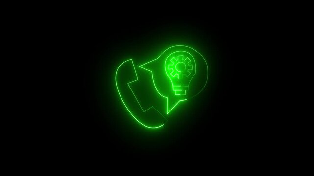 Technical customer support icon with neon green phone and gear lightbulb speech bubble.