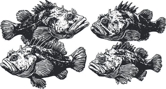 Four detailed black ink drawings of rockfish in various swimming positions