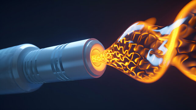 Aerospace ceramic nozzle extracting glowing amber photonic fluid