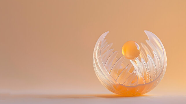 Flawless silica diatom shell incubating a glowing peach organic droplet
