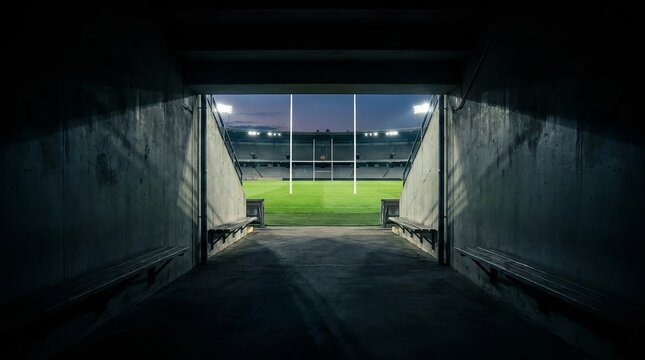 View from the tunnel leading onto a professional rugby stadium pitch at night.