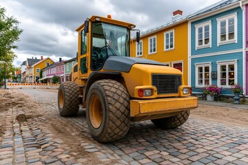 Fototapeta premium Yellow loader parked on cobblestone street