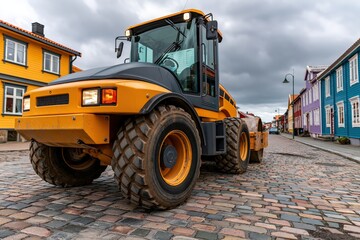 Fototapeta premium Yellow construction vehicle dominates cobblestone street