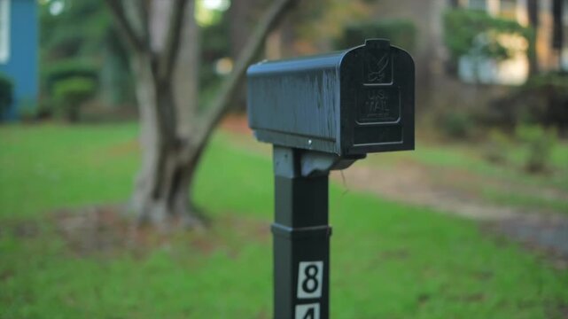 A mailbox at a blue house with a large garden, set amidst the forest after the rain.